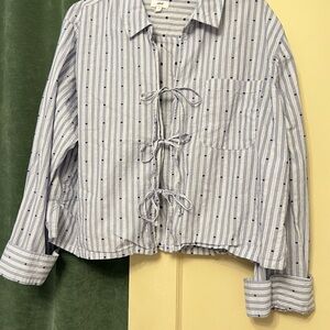 aerie Blue and White Striped Tie-Front Button Down Shirt